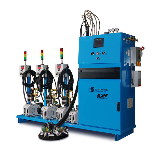 I’d like to queue three products at a time off the assembly line, connect each to a system to perform an evacuation, vacuum decay leak test, and refrigerant charge; then release them back onto main assembly line.