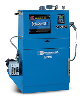 I need an automated refrigerant charging system that can scan a product barcode, download the process recipe from a remote data base, perfom a vacuum decay test and refrigerant charge, then upload completion data to my MES system and a local SQL data base.